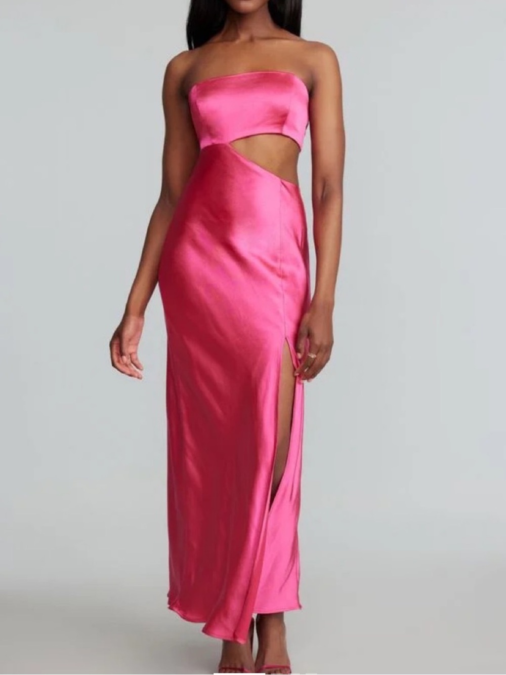 Dynamite Satin Strapless Cutout Maxi Skirt in Hot Pink